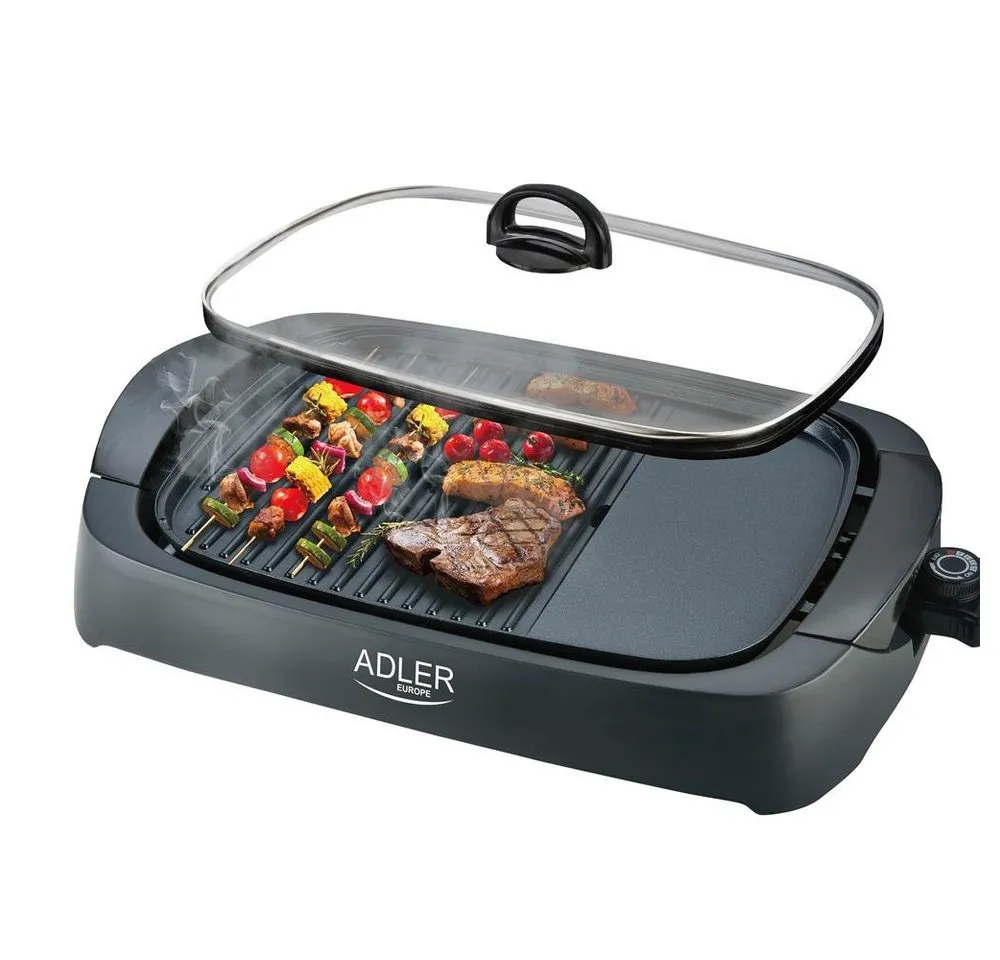 ADLER EUROPE Tischgrill AD 6610 Elektrogrill Tischgrill, Grillplatte mit Glasdeckel, 3000 W, große Grillfläche, Antihaftbeschichtung, Temperaturregler, Schwarz