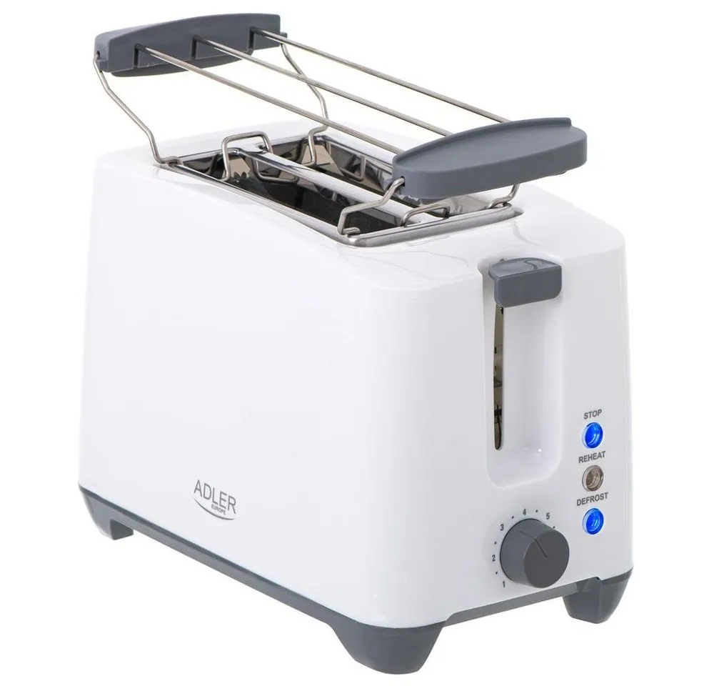 ADLER EUROPE Toaster AD 3216 Frühstückstoaster mit Brötchenaufsatz, 7 Bräunungsstufen, 2 kurze Schlitze, für 2 Scheiben, 1000 W, Auftauen, Aufwärmen, Stopp, Abschaltautomatik, Weiß