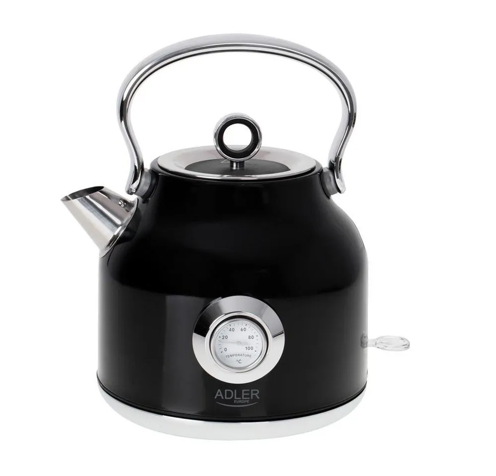 ADLER EUROPE Wasserkocher AD 1346 Retro-Wasserkocher mit Thermometer, 1.7 l, 2200 W, Edelstahl Teekessel, STRIX, Kalkfilter, Temperaturanzeige, schwarz
