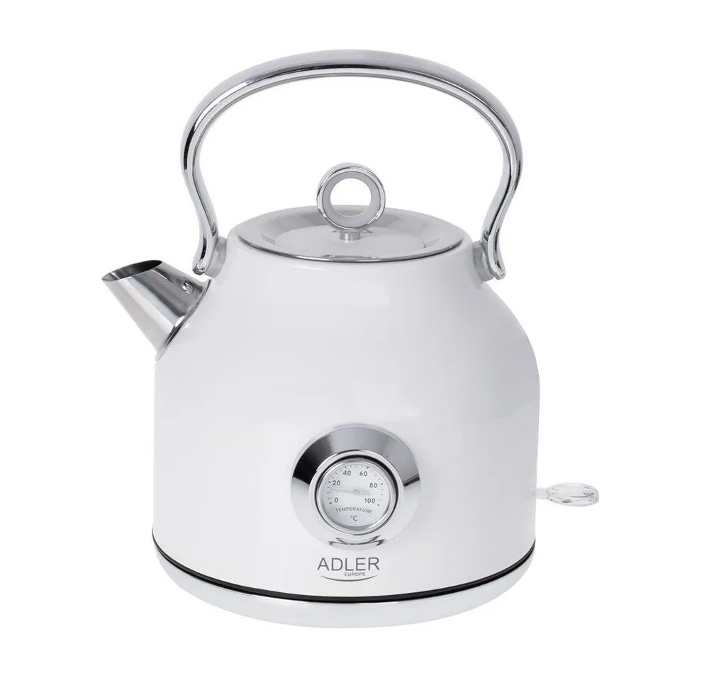 ADLER EUROPE Wasserkocher AD 1346 Retro-Wasserkocher mit Thermometer, 1,7 l, 2200 W, Edelstahl Teekessel, STRIX, Kalkfilter, Temperaturanzeige, weiß