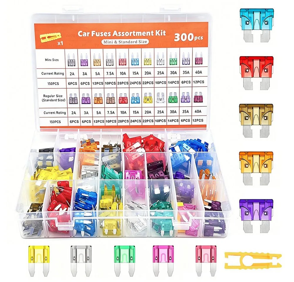 AFKSMILE Sicherungshalter 300 Stück Kfz Sicherung Set 2 A - 40 A, Auto Sicherungen Mit Zieher, (300-St), Standard Kfz Sicherungen Set mit 1 Sicherungsabzieher für Austausch