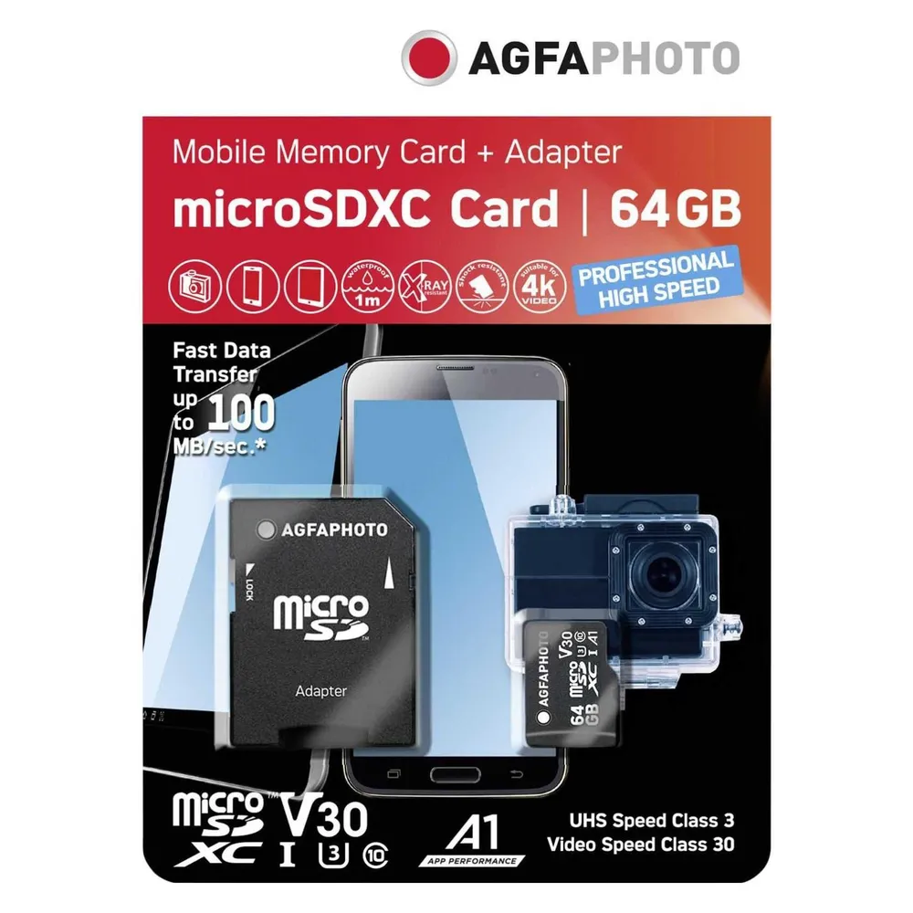 Agfaphoto MicroSDXC UHS-I 64GB High Speed C 10 U3 V30 + Adapter