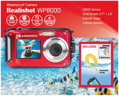 Kompaktkamera Realishot WP8000 rot Kit mit Schwimmgriff und zweitem Akku