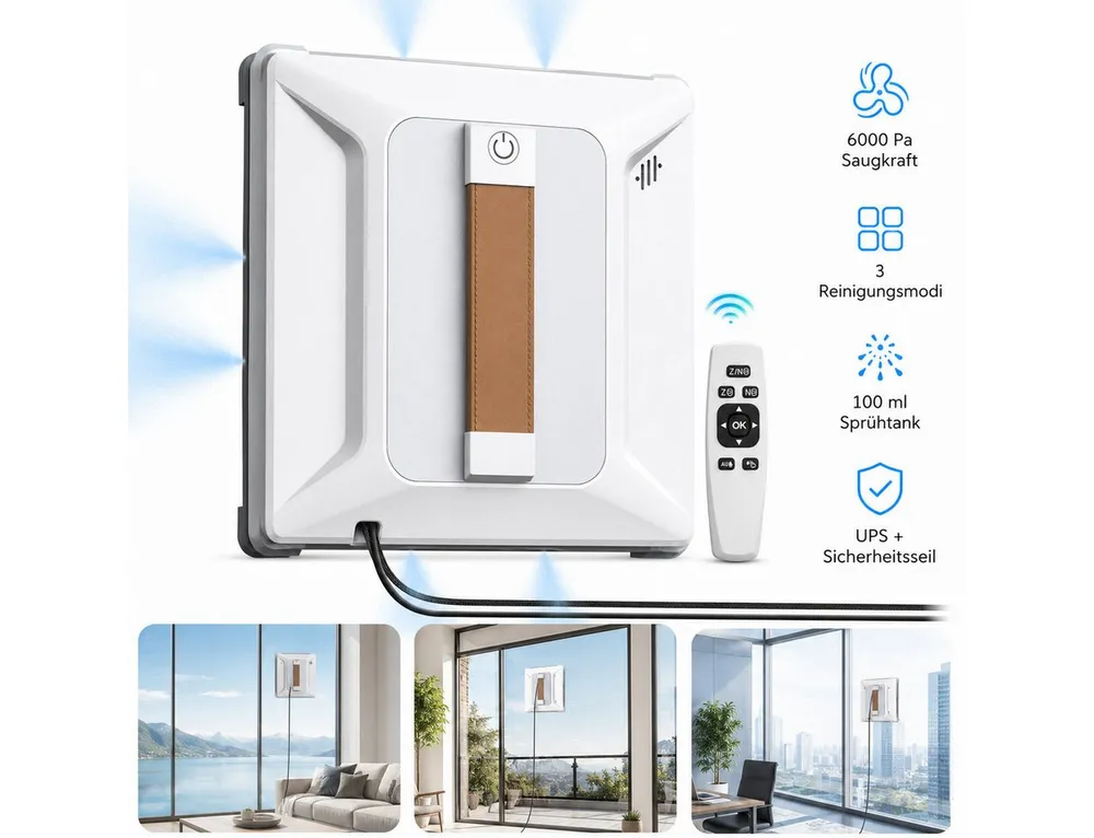 AIBISTAR Fensterputzroboter Fenstersauger Automatischer Fensterreiniger Elektrisch 6000KPA, 100 ml Wassertank,Intelligentes Sprühsystem,Absturzsicherung