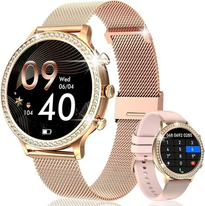 AIBISTAR Smartwatch Damen mit Telefonfunktion, HD Voll Touchscreen Wasserdicht Smartwatch, Diamantzifferblatt, austauschbare Armbänder, 1.32 Zoll Schlafmonitor Blutdruckmessung Schrittzähler für Android/iOS