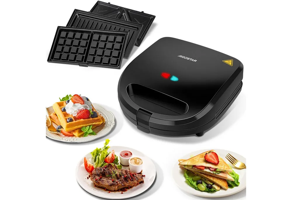 Aigostar 3-in-1-Kombi-Waffeleisen 750 W Sandwichmaker, 3 Austauschbare Platten, Beidseitiges Grillen, 750,00 W, Antihaftbeschichtet, Automatisches Thermostat, Wärmeisolierender Griff