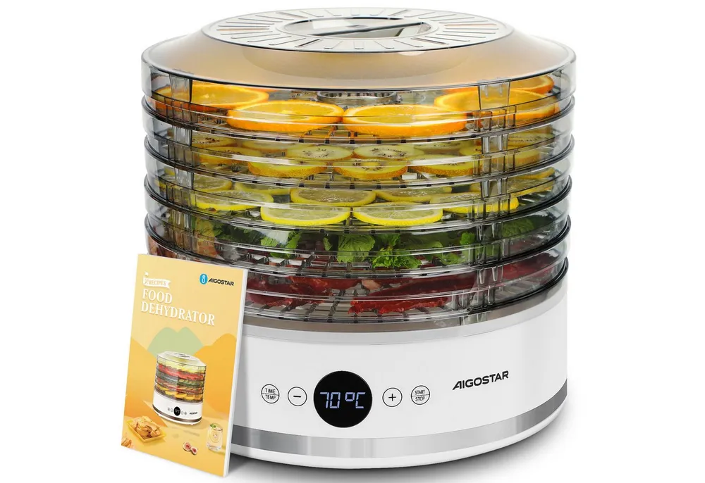 Aigostar Dörrautomat Dörrgerät mit "FAN"-Modus, Temperatur 35-70°C, 5 höhenverstellbaren 380 W, 5 Etagen, LED-Anzeige, 48h-Timer, leiser Betrieb, BPA-frei, Rezeptbuch inklusive