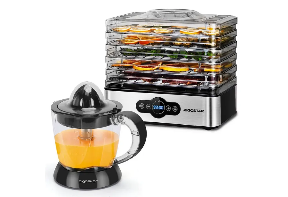 Aigostar Dörrautomat Dörrgerät mit Temperaturregler, 99h-Timer, 5 Einlegefächer, 35-70°C 240,00 W, 5 Etagen, LED-Anzeige, Edelstahl, Gemüse Fleisch, Kräuter, Rindfleisch, Pilze