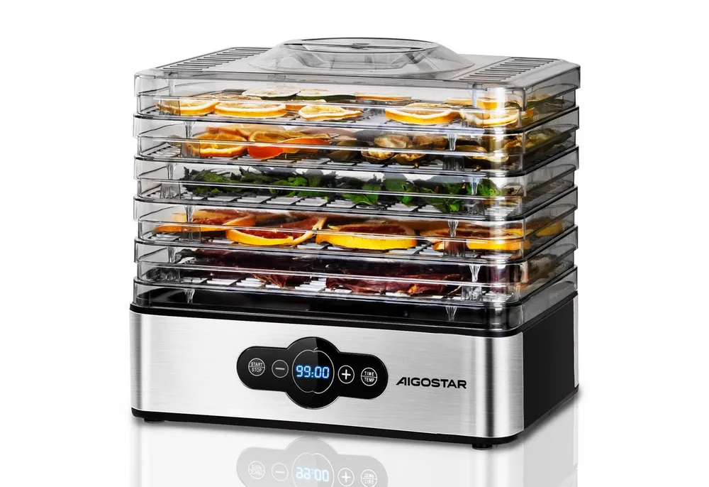Aigostar Dörrautomat Dörrgerät mit Temperaturregler, 99h-Timer, 5 Einlegefächer, 35-70°C 240,00 W, 5 Etagen, LED-Anzeige, Edelstahl, Gemüse Fleisch, Kräuter, Rindfleisch, Pilze