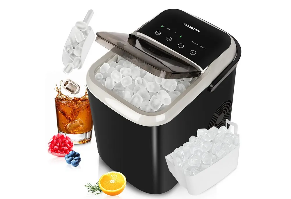 Aigostar Eiswürfelmaschine 1,5L, 130W Doppeldeckel-Design Eiswürfel Maschine, Selbstreinigend, 9 Eiswürfel in 6-10 Mins, 14kg/24h, 2 Eiswürfel Größen