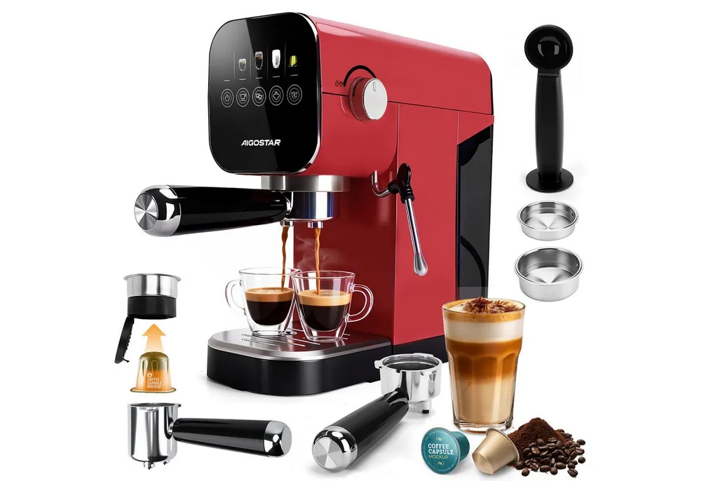 Aigostar Espressomaschine Espressomaschine mit Milchaufschäumer, Kompatibel mit Kapseln und Gemahlenem Kaffee, Edelstahl, 20 Bar, Digitales Touchpanel, 1/2 Tassen, 0,9L, 1350 W, Edelstahl