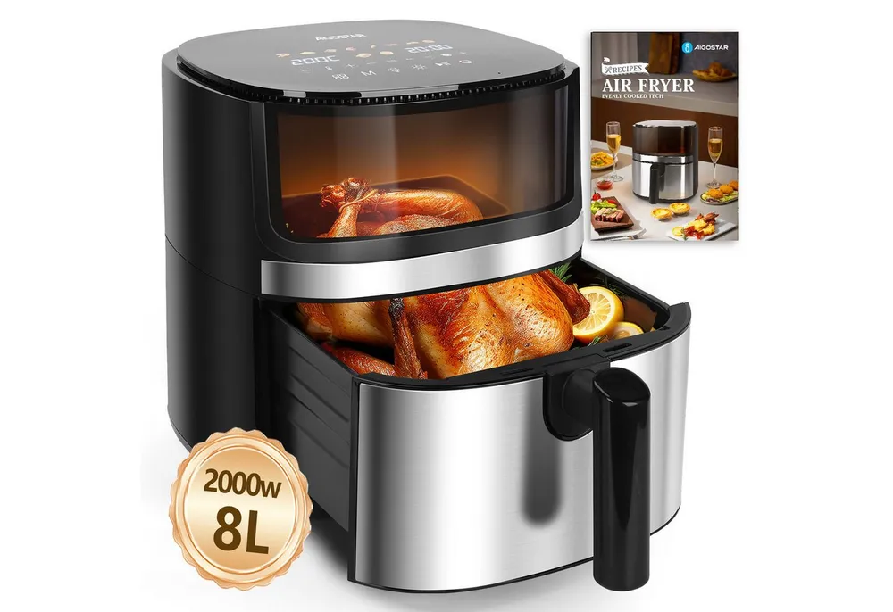 Aigostar Heißluftfritteuse Dual Blaze™ Heißluftfritteuse XXL, 8L Air Fryer 2000W mit Sichtfenster, 10 Programme, 3 Kochfunktionen, 2000 W, Sichtfenster, Digitalem Led Touchscreen, Spülmaschinenfeste Körbe