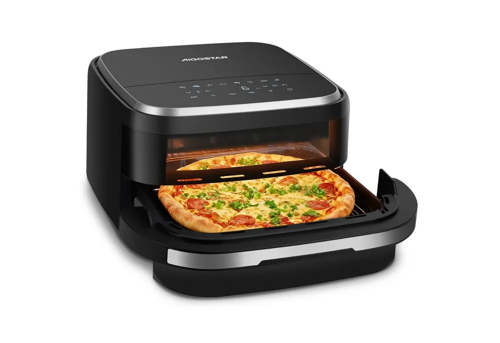 Aigostar Heißluftfritteuse XL 745 cm² Garfläche, Pizzafunktion, Doppelheizung, Sichtfenster, 11 Programmen, 2200 W, leiser, Extra-Crisp Technologie, Touchscreen, Metall-Innenraum