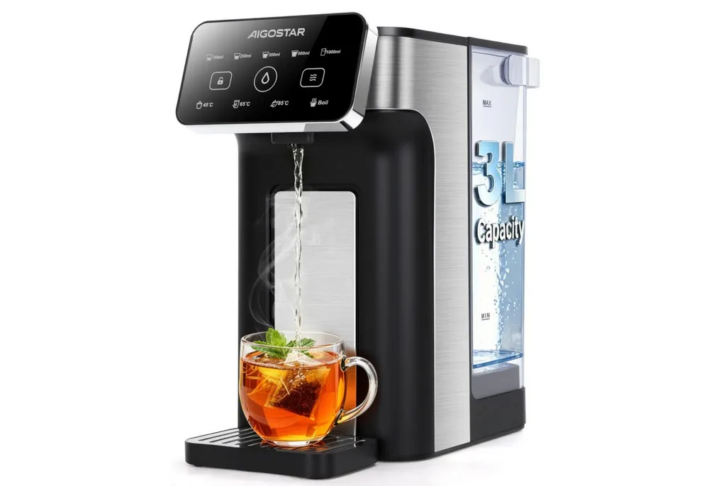 Aigostar Heißwasserspender Edelstahl 3L mit Filter-Slot, 3s Turbo Aufheizung Instant-Wasserkocher, 2600 W, 4 Temperaturstufen, Abtropfschale, kompatibel mit Brita-Filtern