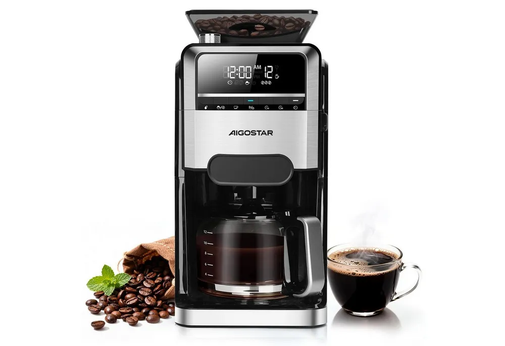 Aigostar Kaffeemaschine mit Mahlwerk 12 Tassen Filterkaffeemaschine, 7 Mahlgrade, 3 Brühstärken, 24H Timer, 1.5l Kaffeekanne, Wiederverwendbare Filter, Warmhaltefunktion, Selbstreinigungsfunktion, Intelligente Erinnerung