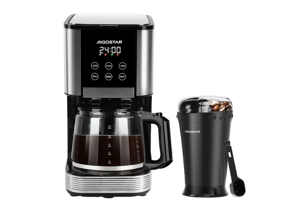 Aigostar Kaffeemaschine mit Mahlwerk Elektrische Kaffeemühle 60g 200W/ Filterkaffeemaschine 1,5L 1000W, Korbfilter, Programmierbar 24h, Tropf-Stopp, AutoClean, Warmhaltefunktion