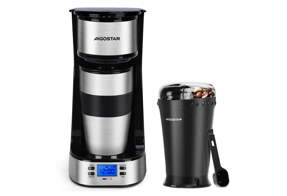 Aigostar Kaffeemaschine mit Mahlwerk Korbfilter, Kaffeemaschine mit Thermobecher, 24h-Timer, AutoClean-Funktion, Korbfilter, Kaffeemaschine mit Thermobecher, 24h-Timer, AutoClean-Funktion