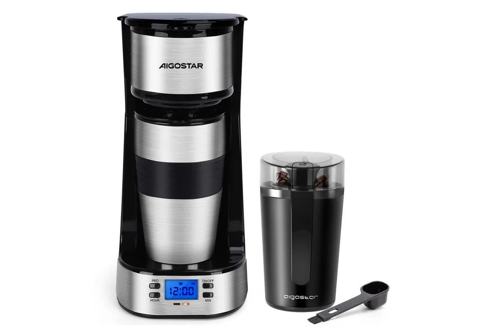 Aigostar Kaffeemaschine mit Mahlwerk Korbfilter, Kaffeemaschine mit Thermobecher, 24h-Timer, AutoClean-Funktion, Korbfilter, Kaffeemaschine mit Thermobecher, 24h-Timer, AutoClean-Funktion