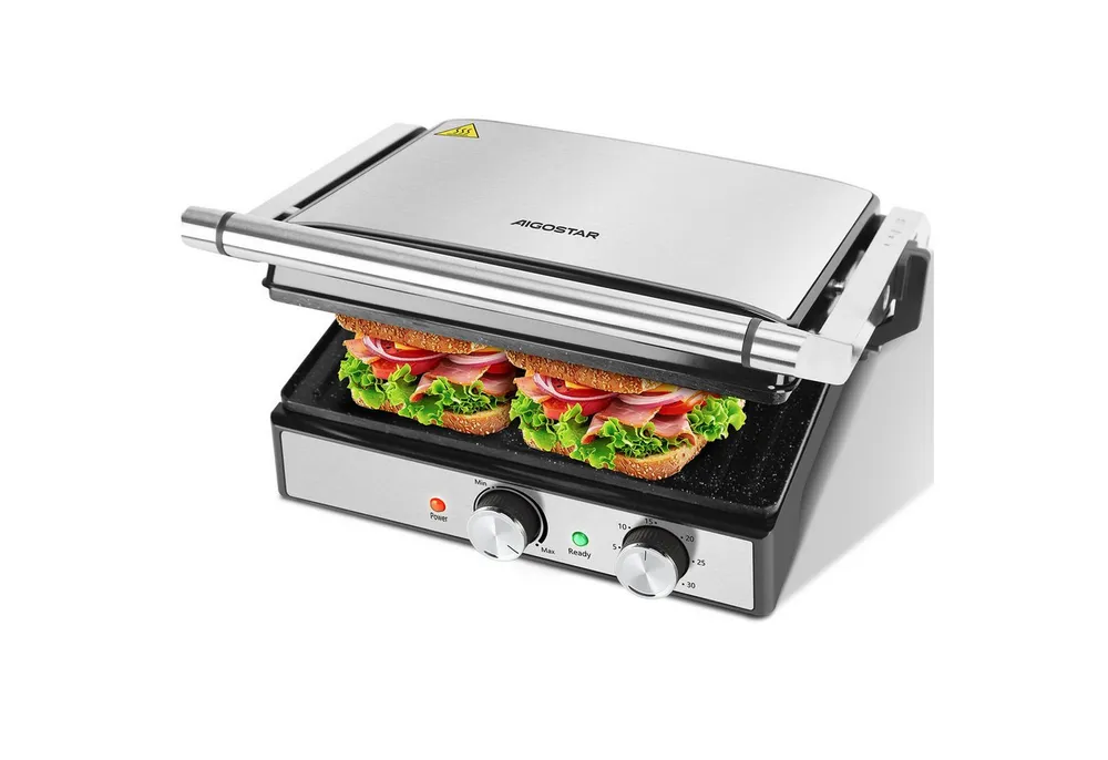 Aigostar Paninigrill Kontaktgrill XXL, Sandwichmaker und Panini Grill, Temperaturkontrolle, 2000,00 W, Antihaftbeschichtung, 180° klappbar, Fettauffangschale, 190–230 °C