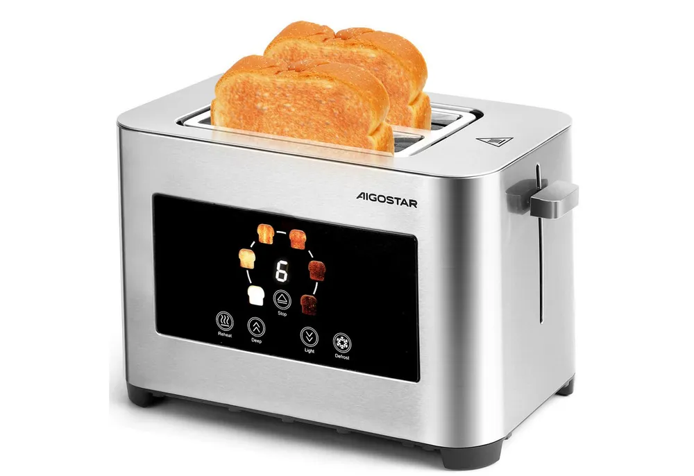 Aigostar Toaster 2/4 Scheiben, 6 Bräunungsstufen, LED-Touchscreen, Toaster Langschlitz, 2 lange Schlitze, 1400 W, Brotzentrierung, Auftau-, Aufwärm- & Stoppfunktion, Edelstahl Matt