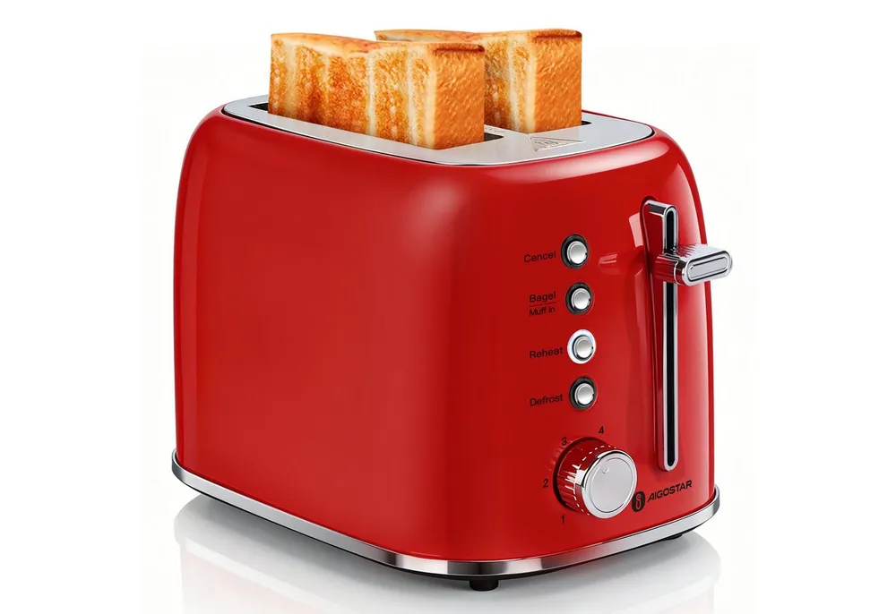 Aigostar Toaster Retro Edelstahl Toaster, 4 Funktionen, 6 Bräunungsstufen, 2 kurze Schlitze, für 2 Scheiben, 800 W, Extra Breite Toastschlitze, Liftfunktion