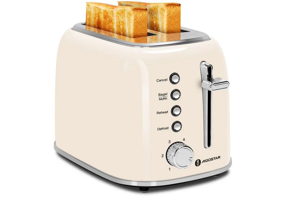 Aigostar Toaster Retro Edelstahl Toaster, 4 Funktionen, 6 Bräunungsstufen, 2 kurze Schlitze, für 2 Scheiben, 800 W, Extra Breite Toastschlitze, Liftfunktion
