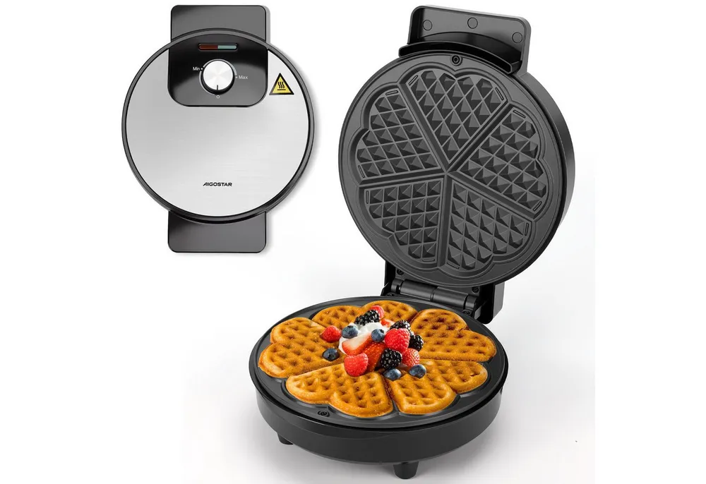 Aigostar Waffeleisen für 5 Herz-Waffeln, 1000W, Antihaft-Platten, Einstellbarer Temperatur, 1000 W, LED-Anzeige, Cool-Touch-Griff, kompaktes Edelstahl-Design, BPA frei