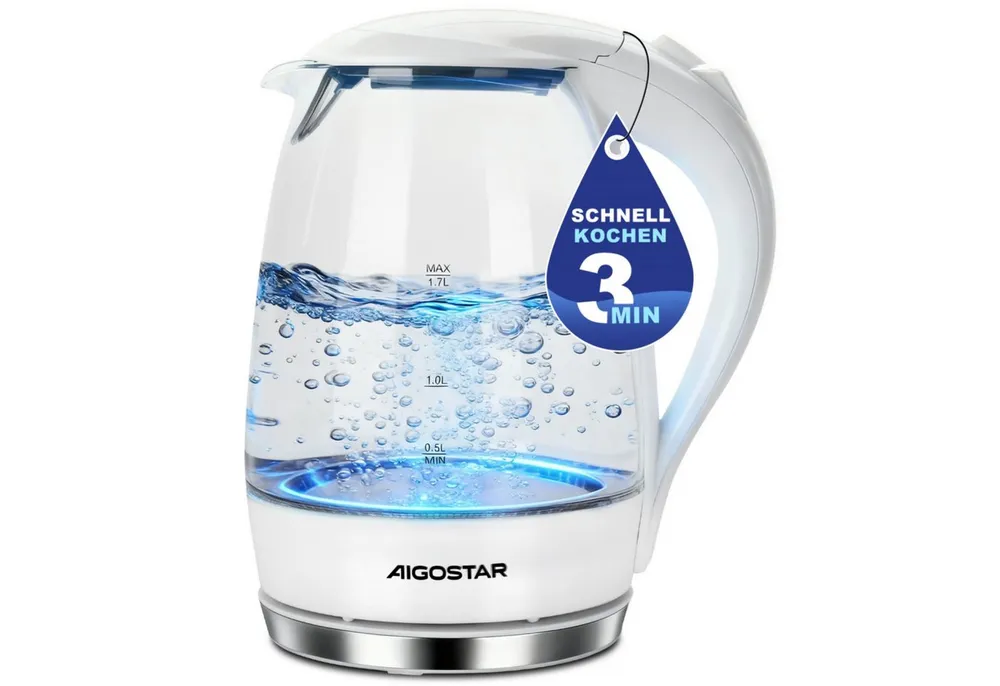 Aigostar Wasserkocher 2200W 1,7L Glaswasserkocher mit Kalkfilter, LED Beleuchtung, Weiß, 1.7 l, 2200,00 W, 360° Basis, Abschaltautomatik, Trockenschutz, Edelstahl Heizelement
