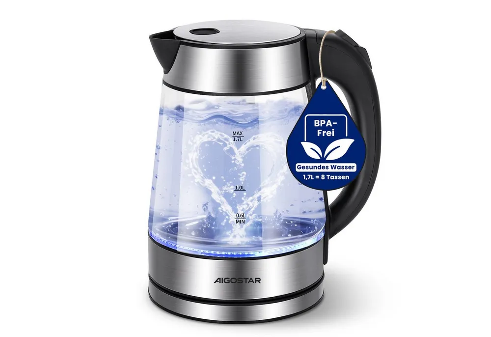 Aigostar Wasserkocher Chubby - Glaswasserkocher mit LED Beleuchtung, Auto-off, BPA frei, 1.7 l, 2200,00 W, Edelstahl