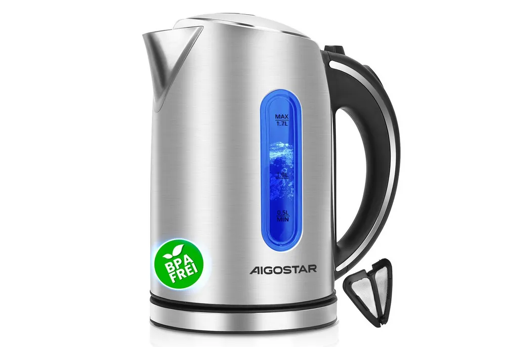 Aigostar Wasserkocher Edelstahl Wasserkocher 1,7L, 2200W, mit Kalkfilter, LED Beleuchtung, 1.7 l, 2200,00 W, Mit Wasserstandsanzeige, Schnelles Kochen, Abschaltautomatik, BPA frei