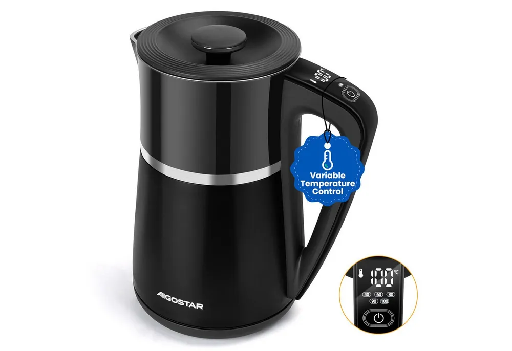 Aigostar Wasserkocher Edelstahl Wasserkocher mit Temperatureinstellung 40°C-100°C,Doppelwand, 2200 W, Edelstahl Wasserkocher mit Temperatureinstellung 40°C-100°C,Doppelwand
