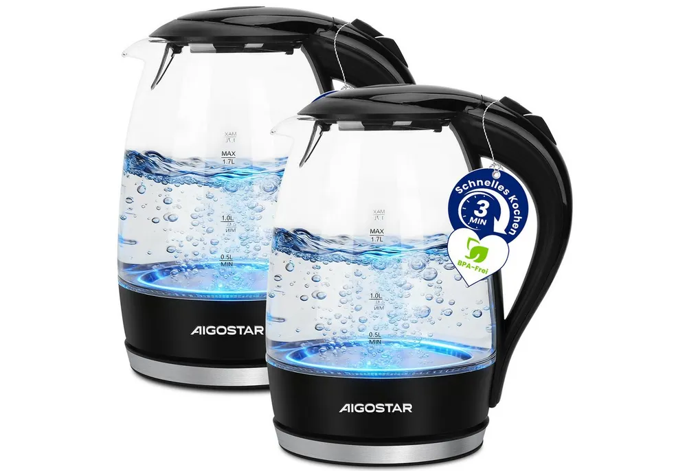 Aigostar Wasserkocher Glas mit Kalkfilter, Glaswasserkocher LED-Beleuchtung, 100% BPA Frei, 1.7 l, 2200,00 W, 360° Edelstahl Sockel, Trockenaufschutz