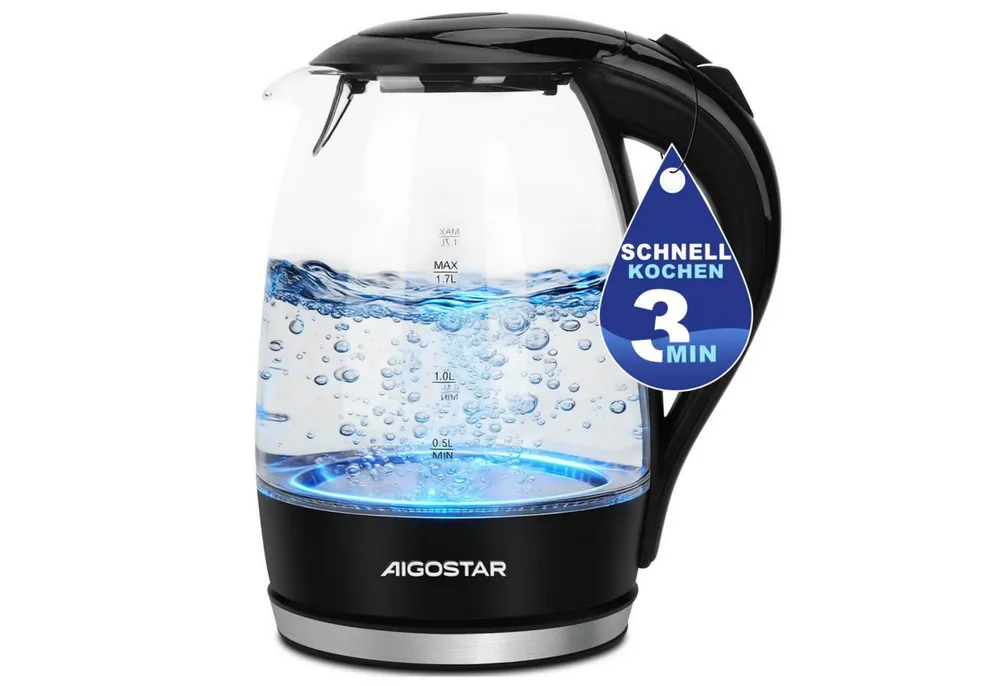 Aigostar Wasserkocher Glas mit Kalkfilter, Glaswasserkocher LED-Beleuchtung, 100% BPA Frei, 1.7 l, 2200,00 W, 360° Edelstahl Sockel, Trockenaufschutz