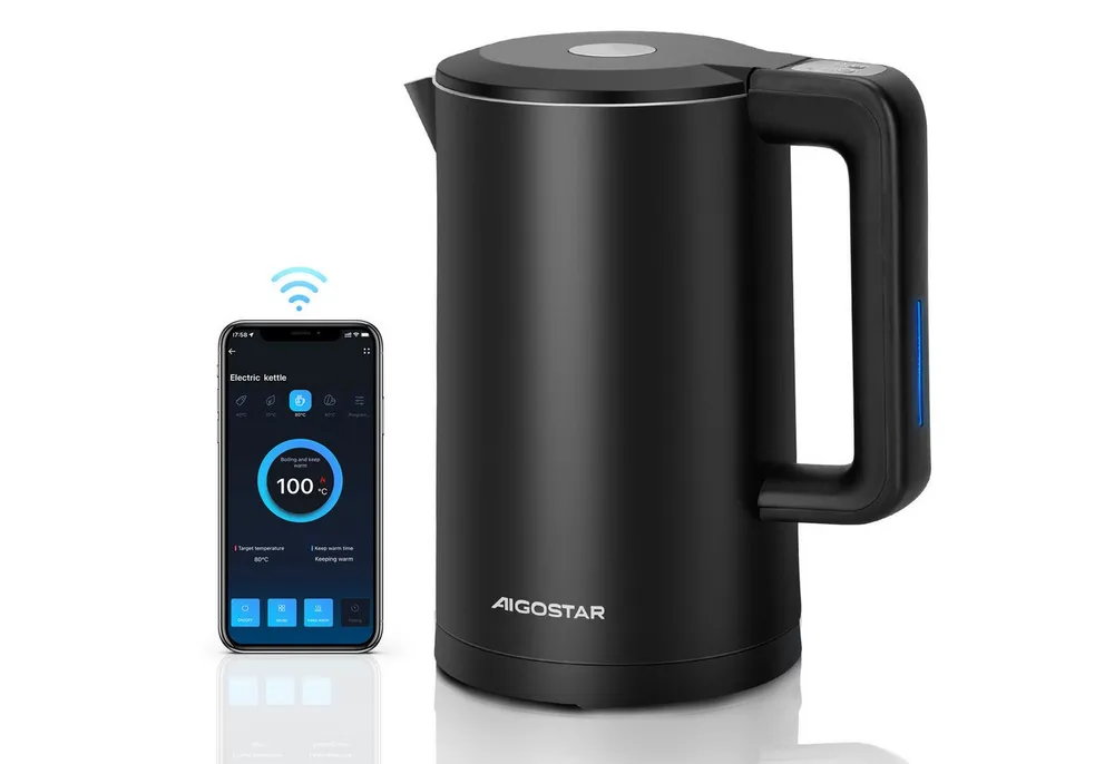 Aigostar Wasserkocher Smart Wasserkocher mit Temperatureinstellung 40°C-100°C, 1,7 L, 2200 W, Energieverbrauch im verbundenen Standby-Modus 0.626 W.