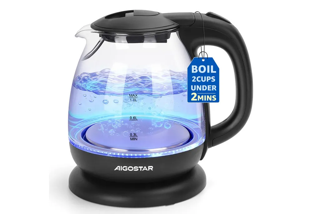 Aigostar Wasserkocher Wasserkocher Glas 1L, Mit LED-Beleuchtung, 2200W, 2200 W, Kompakter 1L Glas-Wasserkocher mit blauer LED-Innenbeleuchtung