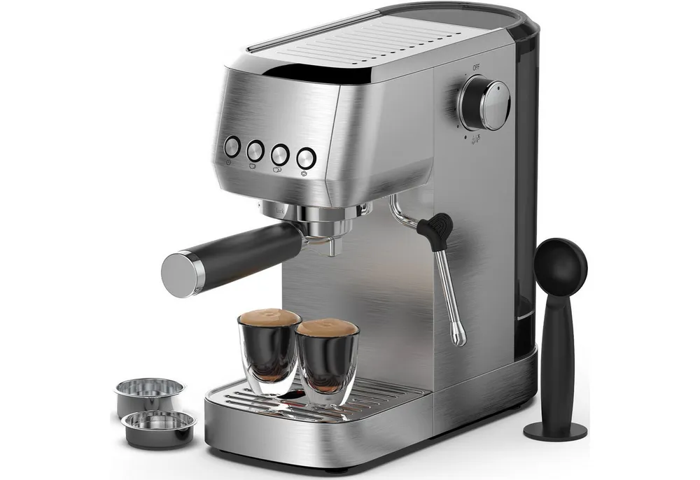 AIMAX Espressomaschine mit 20 Bar italienischer Pumpe – Professionelles Edelstahl-Design, Klassische Tastensteuerung, Milchaufschäumer, Kaffeekanne, Edelstahlfilter 51mm, 1350 W für Heim-Baristas – 1,3L Wassertank für Latte & Cappuccino