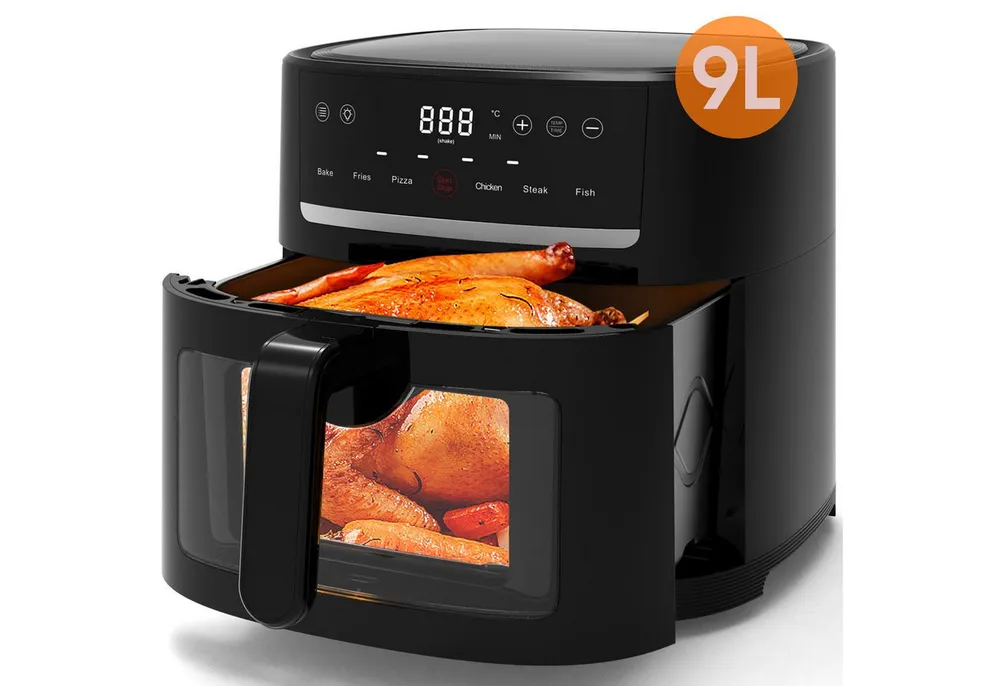 AIMAX Heißluftfritteuse 9L Airfryer xxl, Heissluftfritteuse mit Sichtfenster & Shake-Reminder, 1800 W, Display, 9L, Einstellbare Zeit-/Temperatursteuerung, Sichtfenster