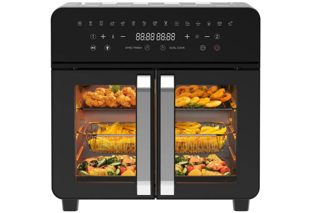 AIMAX Heißluftfritteuse XXL 23L mit Doppeltür & Sichtfenster, Airfryer Dual-Zone, 2200 W, 15 Programme, Touchscreen, Trennwand abnehmbar, Grill & Backen