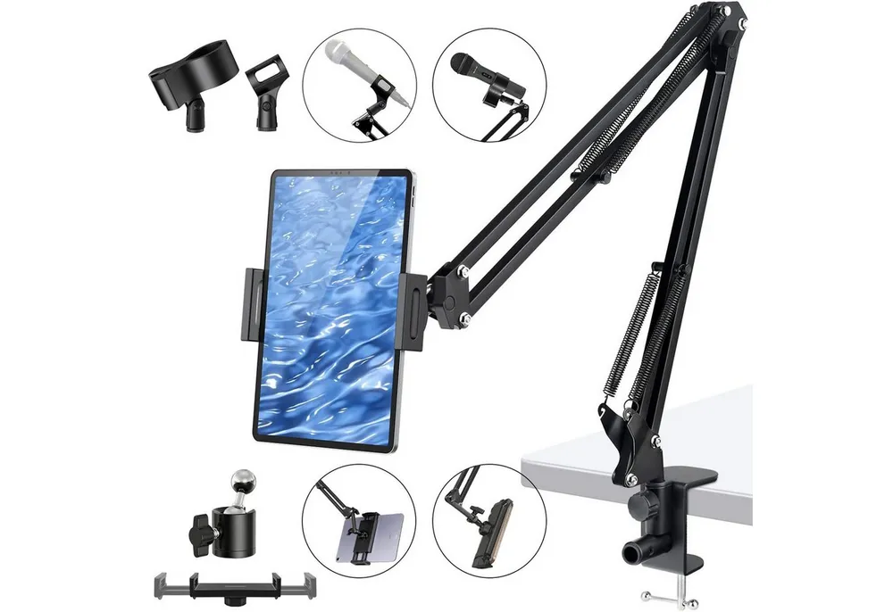 AIMAX Mikrofonständer Mikrofonhalterung mit Gelenkarm & Tischklemme für Podcast & Streaming, 1 Doppelzug Tablet Halter (12-25cm), 2 Mikrofonclips (3-6cm +U-Klemme)