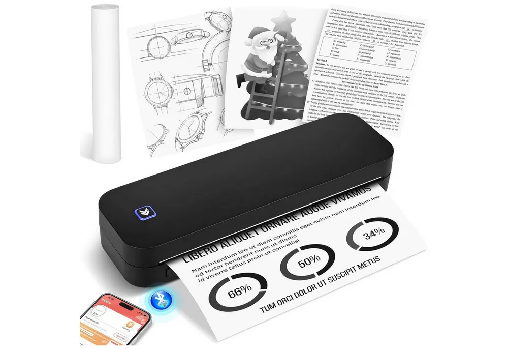 AIMAX Thermodrucker Mobiler A4 Drucker Wireless Bluetooth Handy Printer mobiler Drucker, (Nur Thermopapie Tragbarer Drucker Kompatibel mit Phone, Laptop)