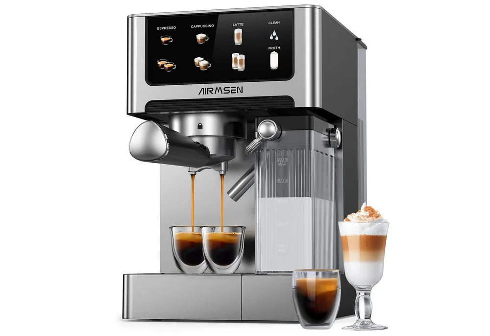 Airmsen Espressomaschine 20 Bar mit automatischem Milchaufschäumer für Zuhause,1.8L Wassertank, Edelstahlfilter, Cappuccino & Latte Kaffeemaschine mit Schnellbrüh-Doppelkessel