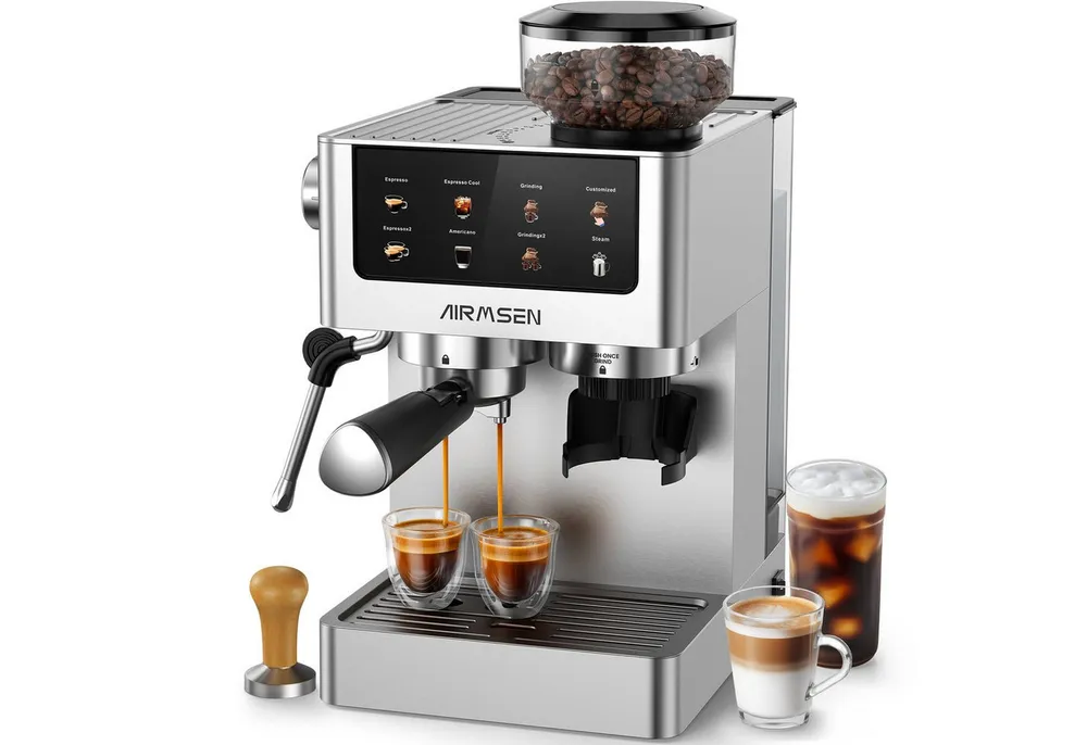 Airmsen Espressomaschine mit integrierter Mahlfunktion,20 Bar,Cold Brew, Individuell einstellbare Mahlmenge & Kaffeeausgabe,siebträgermaschine