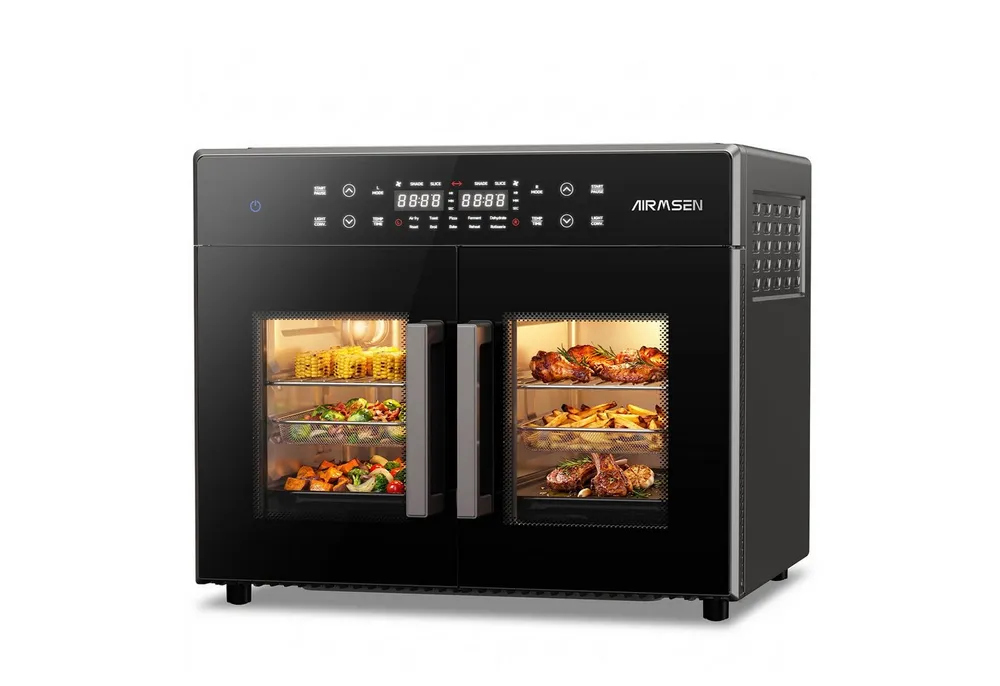 Airmsen Minibackofen 30L XL Heißluftfritteuse mit Doppeltür,2400W Minibackofen Umluft, 10 voreingestellte Programme,Smartes Zwei-Zonen-Garen,15 Zubehör