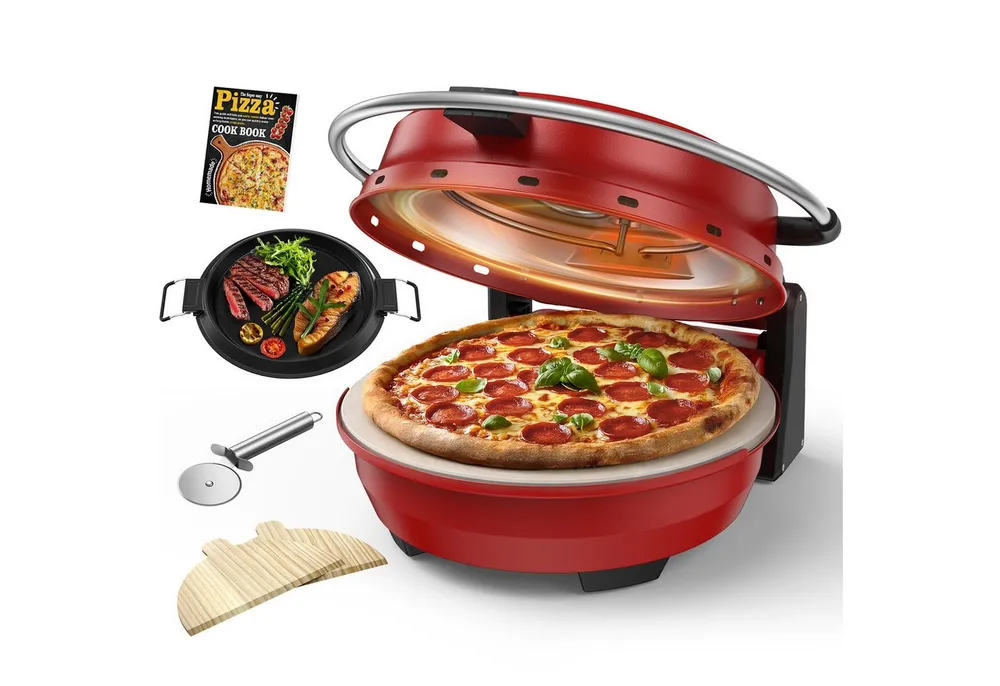 Airmsen Pizzaofen 2-in-1 1500W mit Pizzastein & Grillpfanne, 32 cm, 380°C, kompakt für Pizza, Flammkuchen & Snacks zuhause