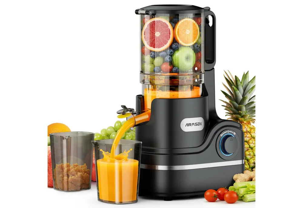 Airmsen Slow Juicer mit 147MM Extra Großem Einfüllschacht, Entsafter Gemüse und Obst, 300 W, Leicht zu Reinigen, Hohe Saftausbeute