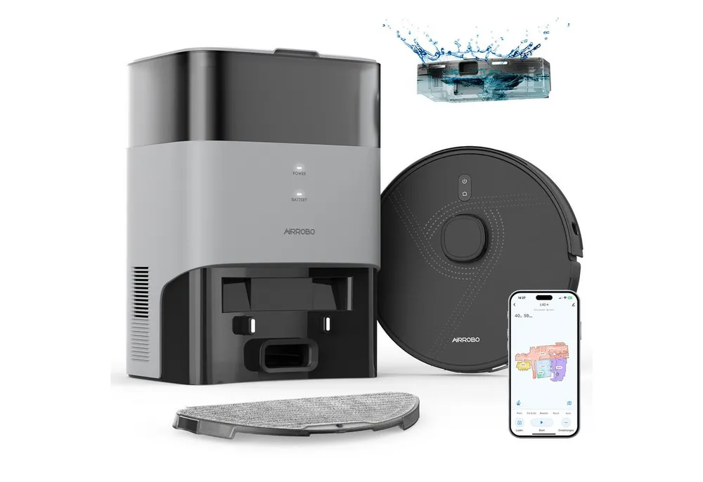 AIRROBO Nass-Trocken-Saugroboter L40+ Roboterstaubsauger mit Wischfunktion und Absaugstation, 50 W, 5500 Pa Saugkraft, 75 Tage freihändige Reinigung, USLAM LiDAR-Navigation, 3-in-1 Saugen & Wischen, 180 Min. Laufzeit