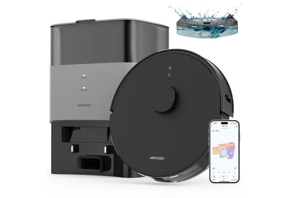 AIRROBO Nass-Trocken-Saugroboter T20 Saugroboter mit Wischfunktion, Absaugstation (60 Tage staubfrei), 50 W, 5500Pa, LiDAR-Navigation, 4 Saugstufen, 180 min Laufzeit, App & Sprachsteuerung, für Tierhaare & Hartböden,2 Jahre Garantie
