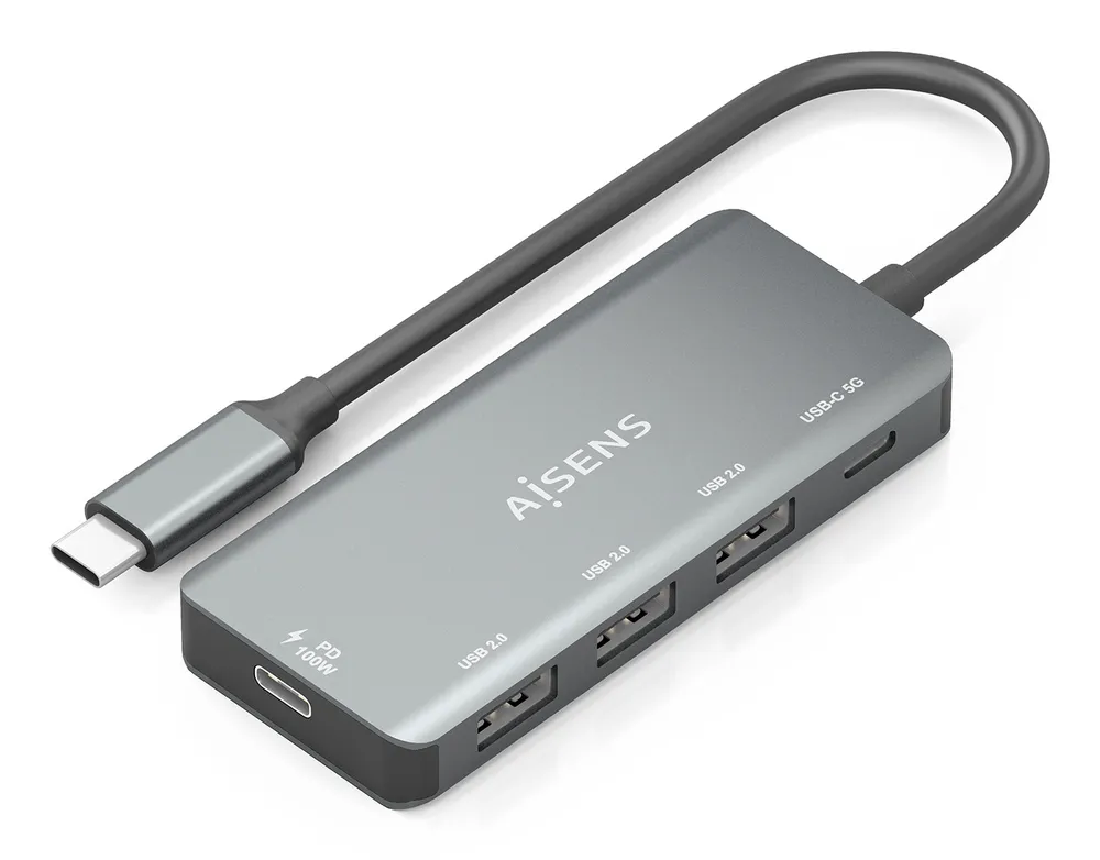 AISENS Hub USB 3.1 USB-C, 100W PD, USB 3.0 & 3x USB 2.0, Aluminium, Grau, 15cm
