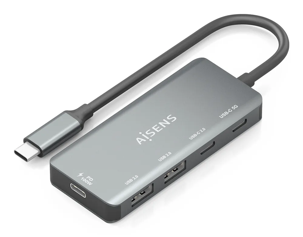 AISENS Hub USB-C 100W PD, 5 Gbit/s, Aluminium, 15cm, Grau, 4 USB-Anschlüsse