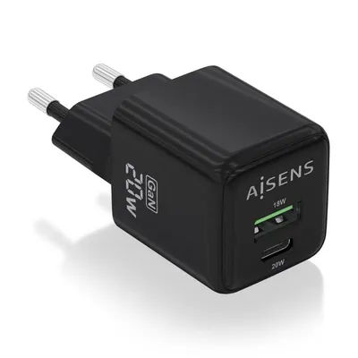 Aisens ASCH-20W2P011-BK GaN-Ladegerät 20W 1xUSB-C PD3.0 QC4.0 1xUSB-A QC3.0 Schwarz